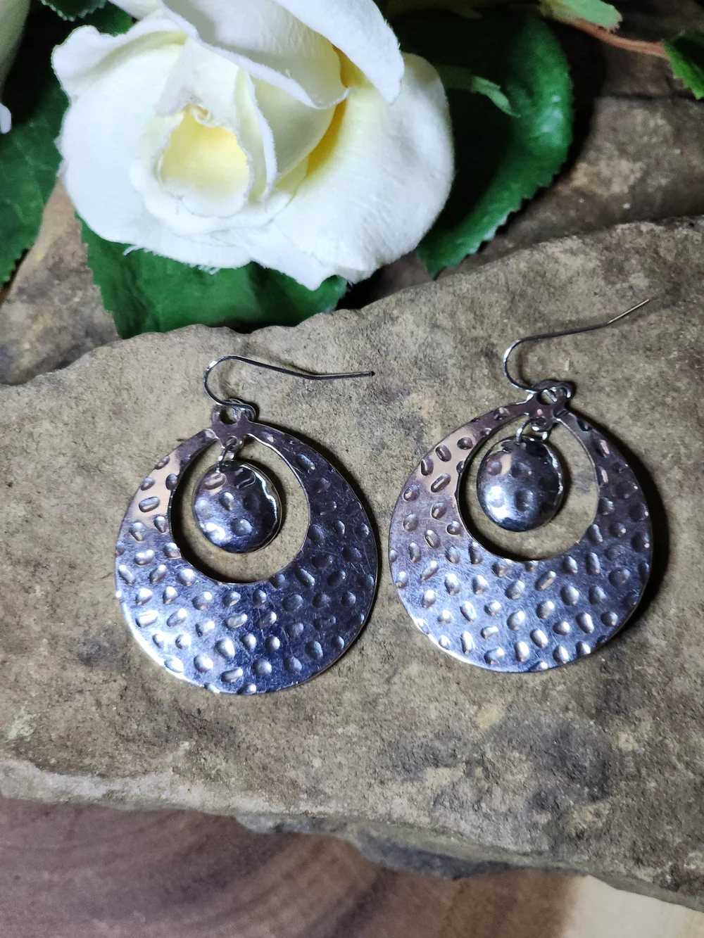 Hammered Silver-Tone Drop Hoop Earrings